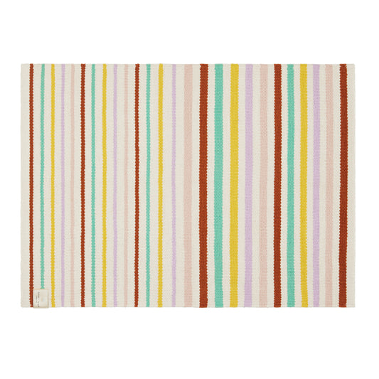 multi color striped cotton rug laying flat on a white background.