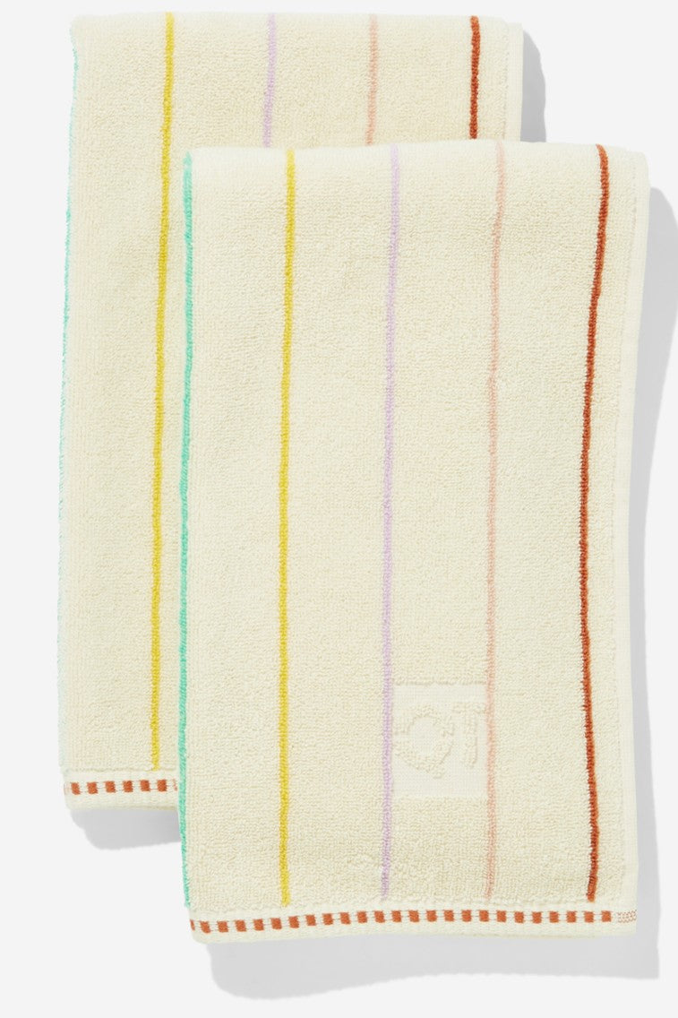 Set of two hand towels with multi-color horizontal pin stripes. Stripes are green yellow, lavender, rose, and clay.