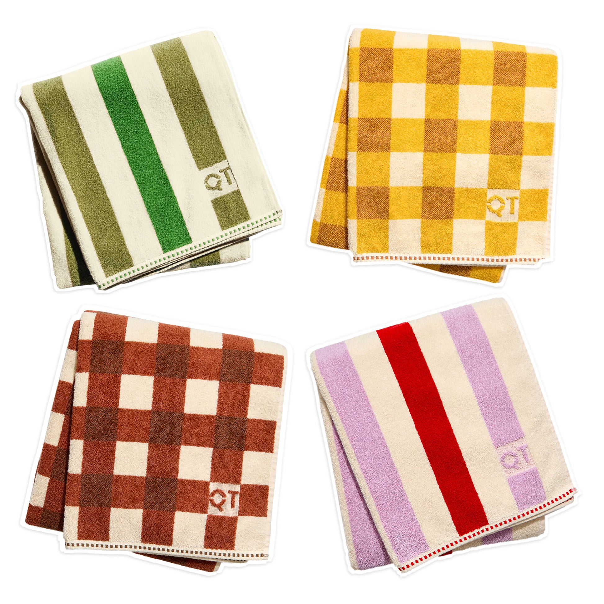 Four colorful checkered towels with 'QT' branding on a white background