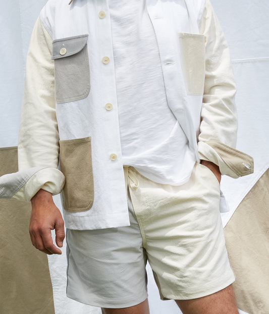 Alex Mill x Quiet Town Shorts Sand front view on model