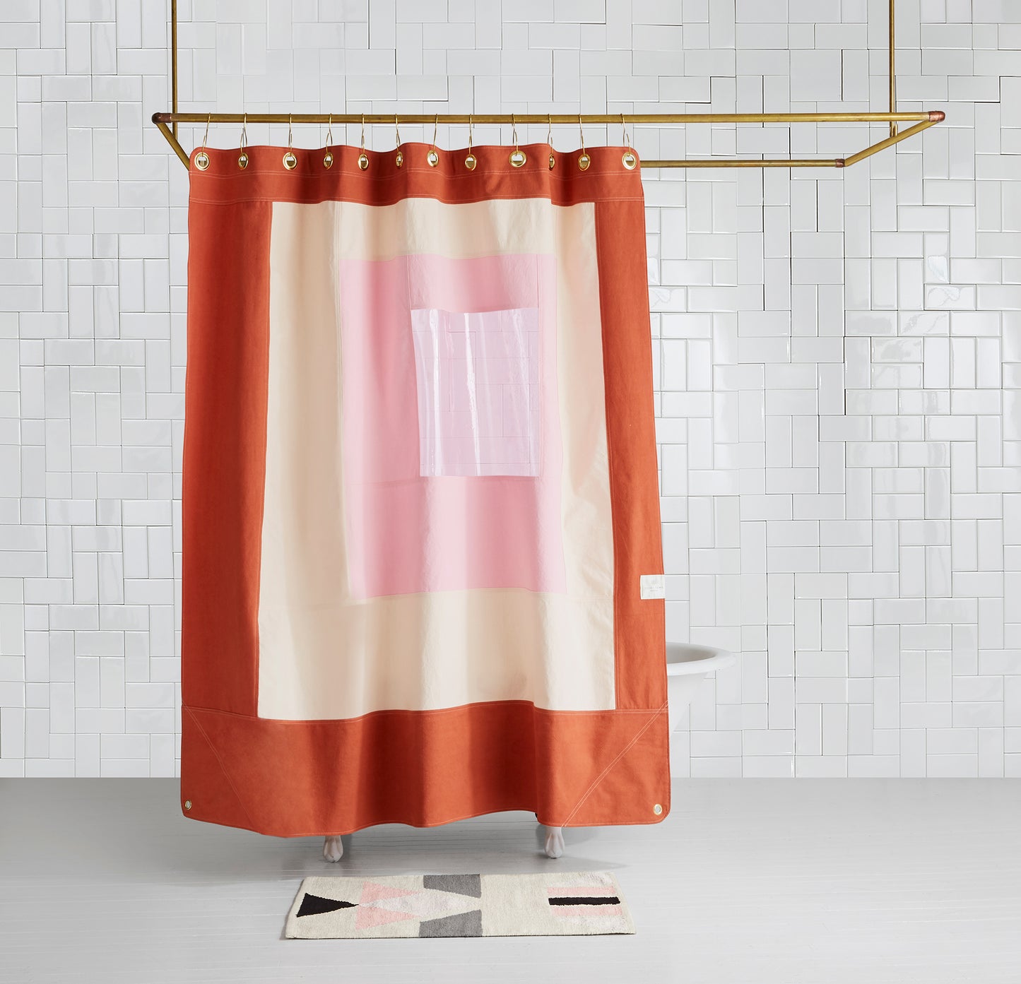 multi-color pink shower curtain with clear pink center