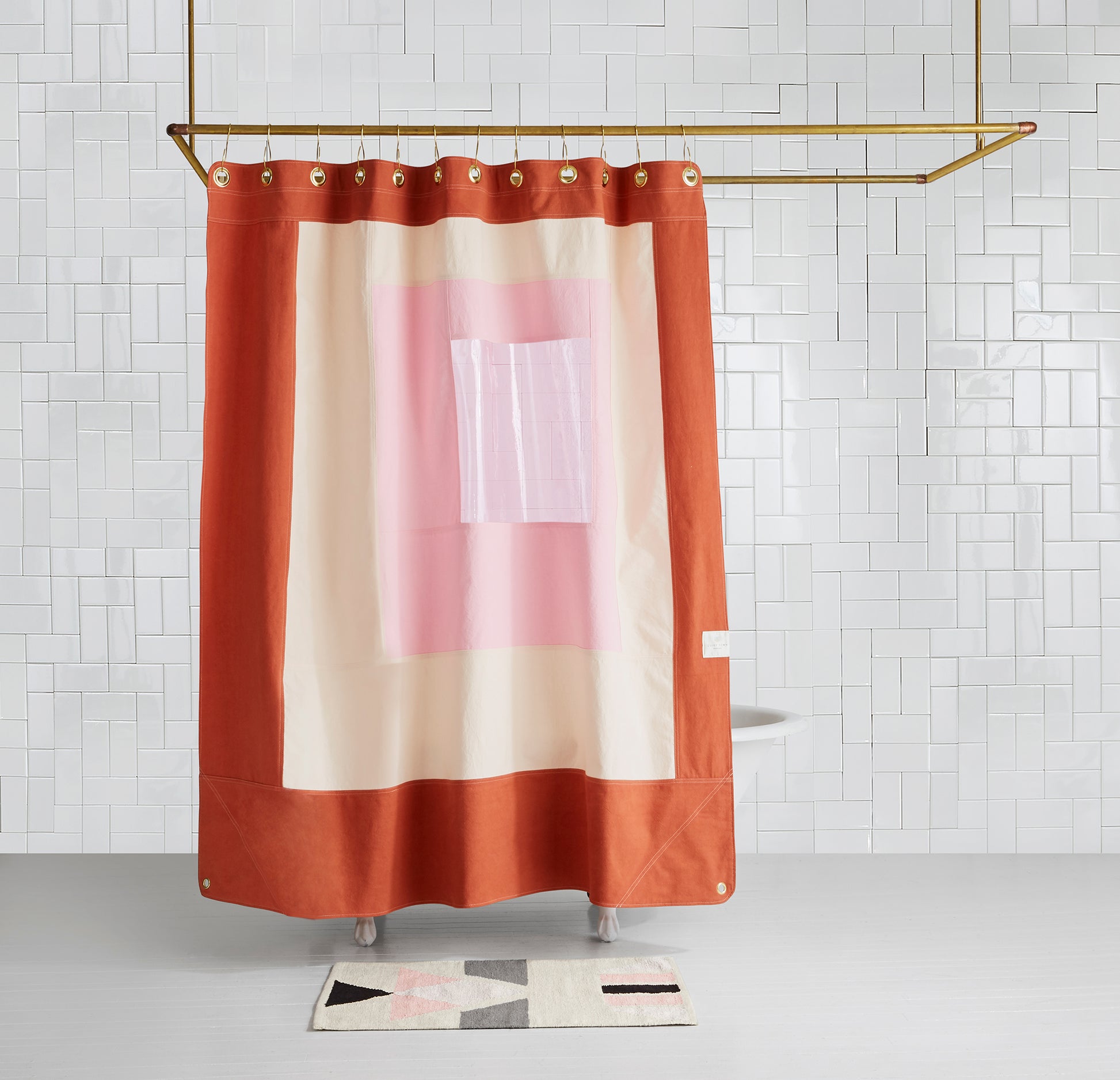 multi-color pink shower curtain with clear pink center